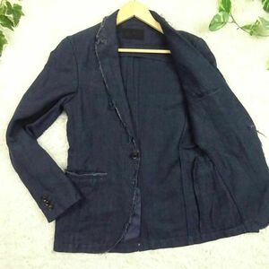 美品　junhashimoto　ジュンハシモト　CUTTING JACKET　カットオフ　アンコンジャケット　リネン混　S　デニム調　ネイビー　春夏　日本製