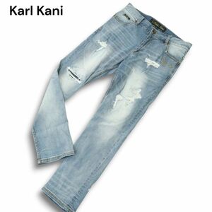 22AW★ Karl Kani カールカナイ リペア加工★ ロゴ刺繍 ストレッチ デニム パンツ ジーンズ Sz.36　メンズ 大きいサイズ　A4B04450_9#R