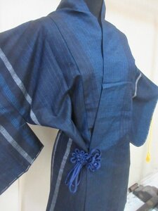 1円 良品 正絹 道中着 和装コート 紬 紺 藍染 縞 高級 袷 身丈75cm 裄66cm【夢職】★★★