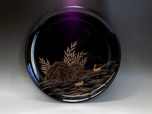 b507 技工名品 伝統工芸士 高嶋光岳 作 黒漆 水鳥 蒔絵 飾鉢 飾皿 金彩 横39.5cm 共箱 置物 床間飾り 日本美術