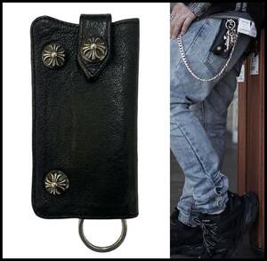 正規品 CHROME HEARTS クロムハーツ KEY CASE シルバー クロス ボール コンチョ デストロイ レザー キーケース キーホルダー キーリング