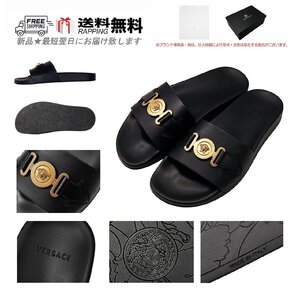 L279-38.. VERSACE ヴェルサーチ サンダル POOL SLIDE メドゥーサ レディース カーフ レザー ロゴ イタリア製 ★ ブラック