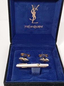 1円【美品/箱付】YSL イヴサンローラン カフス タイピン セット　シルバー×ゴールド　Yves Saint Laurent