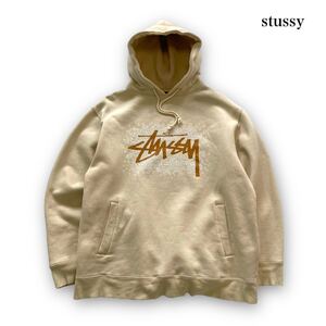 【stussy】ステューシー asymmetry $ paintセンターロゴ スウェットパーカー 飛び散りロゴ フーディ プルオーバー Hooded ショーンフォント