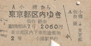 H310.函館本線　小樽から東京都区内ゆき　2等　仙台経由　41.2.19　シミ汚れ有