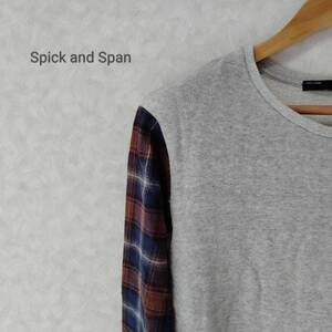 Spick & Span スピック＆スパン チェック袖 トレーナー スウェット トップス クルーネック カットオフ 長袖 カジュアル グレー SJJ51