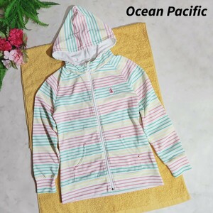 Ocean Pacific パステルカラー・ボーダー柄・速乾ドライ・ジップアップ パーカー 表記サイズ150 ラッシュガード UVカット 五点で送料無料 