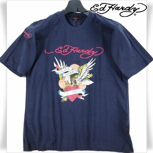 新品1円～★Ed Hardy エドハーディー メンズ 半袖 コットン綿 天竺 Tシャツ M ネイビー クルーネック カットソー ◆7455◆