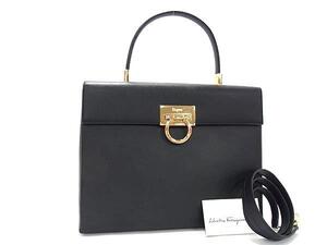 1円 ■美品■ Salvatore Ferragamo フェラガモ DY-21 8791 ガンチーニ レザー 2WAY ハンドバッグ ショルダー 斜め掛け ブラック系 FH4834