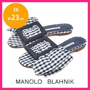 ほぼ新品 マノロブラニク MANOLO BLAHNIK バックルリボン ギンガムチェック フラットサンダル ネイビー×ホワイト 36(約23cm) sh24-1131