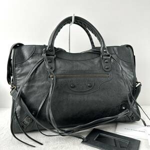 美品★BALENCIAGA バレンシアガ 2way The・City ザ シティ 115748 ハンドバッグ ショルダーバッグ レザー ブルーグレー グレー系