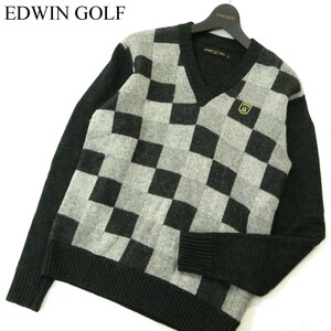 EDWIN GOLF エドウィン ゴルフ 秋冬 ウール★ ロゴワッペン Vネック チェック ニット セーター Sz.L　メンズ　A3T15123_C#K