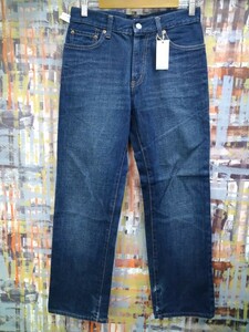 送料込☆GU JEANS/ルーズフィットストレート321-201987/29表示~w実寸76/濃インディゴ自然な軽い縦落ち/5ポケ/オレンジ&イエローステッチ