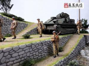 ◆1/35・ヴィッカースMkⅡ・ホビーボス・戦車・石垣・小川・橋・ジオラマ・完成品◆