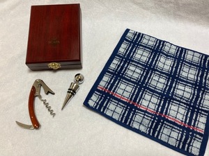 SCAPA in Japan 20周年記念ワインオープンナー木製木箱(約15×11×4.5cm)入&厚地綿100%チェック柄タオル約25cm角 未使用