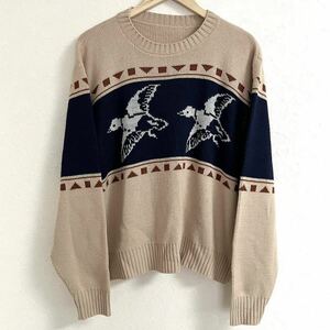 【knit sweater】ニット セーター クルーネック 長袖 鳥 シンプル 定番 着回し カジュアル アメカジ 古着 ベージュ メンズ サイズL/Y9616NN