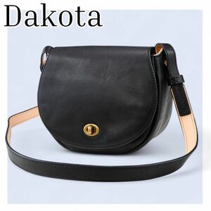 美品Dakota ダコタ　レザー ショルダーバッグ クロスボディ　ターンロック　黒　ブラック　本革　ポシェット　ゴールド金具　ピンク