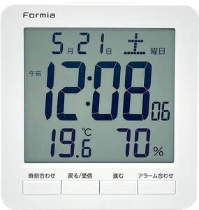 01.ホワイト 幅105mm Formia(フォルミア) 電波 デジタル時計 大画面 見やすい 温度 湿度 温湿度計 日付 目覚ま