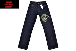 J6514★新品★DENIM EXCHENGE ASHIYA DEKO★日本製 定価19800円 和柄 龍立体プリント 濃紺インディゴデニムストレートジーンズ 84cm