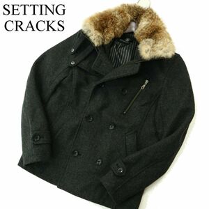 SETTING CRACKS メンズビギ 秋冬 リアル ラビット ファー★ メルトン ウール デザイン Pコート Sz.2　メンズ グレー　A3T13968_B#N