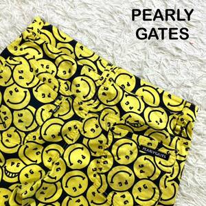 【美品 XL】PEARLY GATES ショートパンツ ニコちゃん 総柄 ストレッチ 刺繍ロゴ 派手 清涼 ハーフ PEARLY GATES ゴルフ イエロー 短パン 6