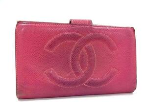 1円 CHANEL シャネル ココマーク キャビアスキン 二つ折り 長財布 ウォレット 小銭入れ 札入れ カード入れ マゼンタ系 FE7024