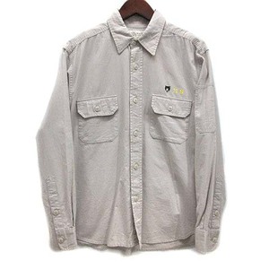 ステューシー STUSSY OFFICIAL SHIRT ワークシャツ 長袖 ベア ロゴ ワンポイント S グレーベージュ USA製 90s ヴィンテージ ☆AA★ メンズ