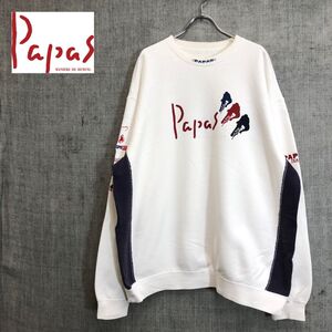 1I2867-F-S◆ PAPAS パパス トレーナー スウェットシャツ ロゴプリント ◆ sizeL コットン ホワイト 古着 メンズ 秋冬