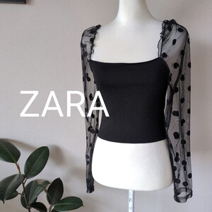 ZARA　ザラ　スクエアネック　ショート丈トップス　チュールスリーブ　フロッキードット柄　パーティ　イベントにも