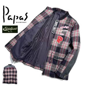 最高級【定価12万超】Papas パパス ×Subalpino レザー切替 ツイードジャケット 48(M) 牛革 ロゴ刺繍ワッペン コート ハンティング 日本製