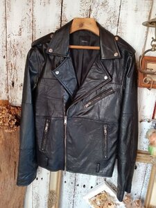 ≫roshell leatherロシェル*本革ラムレザー*ダブル ライダース ジャケット*革ジャン*L*メンズ紳士*黒ブラック*バイカー*ダブルジップ