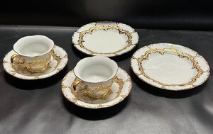 #稀少 極美品【Meissen マイセン グランツゴールド 最高峰Bフォーム カップ＆ソーサ―2組／プレート2枚 6点セット】P05100TTT