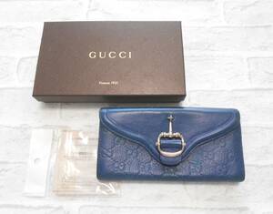 〔 送料無料！ 〕 GUCCI グッチ ブルー グッチ シマ レザー ホースビット 長財布 ( イタリア製 GG ロゴ 本革 財布 箱 ショップカード付 )