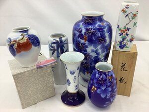 深川製磁 花瓶/ブルーチャイナ/岩椿 角花生/柿彫刻 他 6点まとめ 高さ 約15cm～37.5cm 中古品　ACB