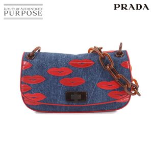 新品同様 プラダ PRADA プラチェーン ショルダー バッグ デニム レザー ブルー レッド リップモチーフ Shoulder Bag 90246760