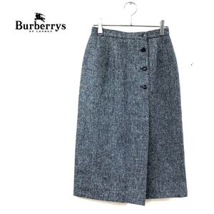 1I2176-W-S◆Burberrys バーバリーズ ツイードスカート 裏地あり ハイウエスト 膝下丈 きれいめ WILLIAM BROWN◆グレー系 ウール