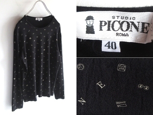 ネコポス可 PICONE ピッコーネ モノグラム ロゴプリント 総柄 ストレッチレーヨンジャージー カットソー ロンT 長袖Tシャツ 40 ブラック 黒