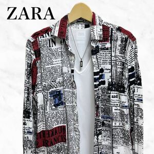 ZARA 総柄シャツ　長袖シャツ　カジュアルシャツ　新聞柄シャツ　トップス