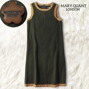 23 【MARY QUANT LONDON】 ウール ワンピース M グリーン 深緑 緑 バイカラー 秋冬 ノースリーブ 膝丈 ひざ丈 クラシカル マリークワント