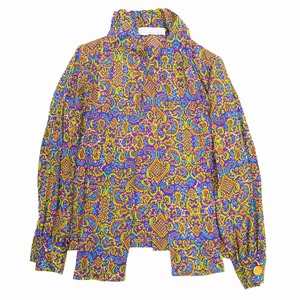 ジバンシィ GIVENCHY シルク 100％ 総柄 ブラウス シャツ 長袖 ボウタイ ジオメトリック 16B/L 紫 マルチカラー レディース