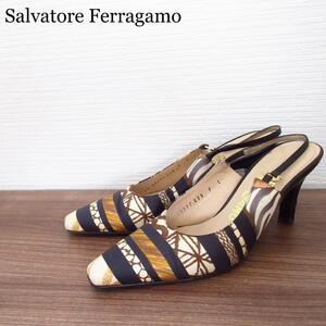 良品 Salvatore Ferragamo サルヴァトーレフェラガモ サイズ7C スカーフ柄 総柄 サテン スリングバック ヒール パンプス マルチカラー