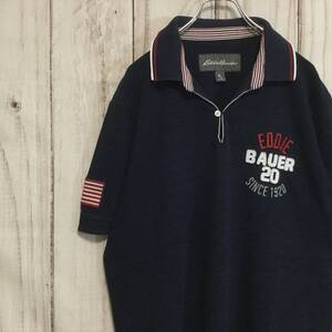 【エディーバウアー 半袖ポロシャツ】ロゴ刺＆#32353; 星条旗ワッペン 襟ライン 海外サイズ XL ネイビー Eddie Bauer 古着 [240519-001]