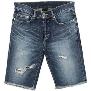 定価5万 AKM STRETCH CRASH DENIM 9OZ SHORT PANTS Mサイズ ブルー ストレッチデニムショートパンツ ジュンハシモト wjk 