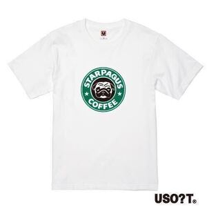 USOT うそT スターパグスコーヒー おもしろTシャツ かわいい パロディ ゆるい 半袖Tシャツ ホワイト White 白 緑/黒 XL