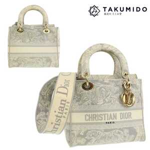 クリスチャンディオール Christian Dior 2WAYバッグ Lady D-Lite ミディアムバッグ グレー キャンバス 中古AB 277597