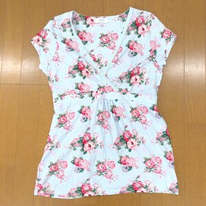 美品 LAURA ASHLEY ローラアシュレイ コットン100% 花柄 クロス チュニック カットソー UK:12(JP:L相当) 総柄 Tシャツ 半袖 レディース