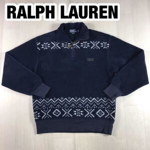 POLO BY RALPH LAUREN ポロ バイ ラルフローレン フリース S ネイビー×ホワイト ノルディック柄 ハーフジップ 起毛 レザープレートロゴ