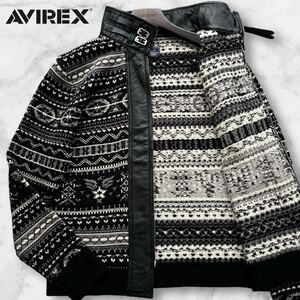 極美品/Lサイズ◎アヴィレックス ノルディック柄 ドライバーズニット AVIREX ライダースジャケット ラムレザー 切替 羊革 ストレッチ 秋冬