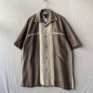 【リネン×レーヨン】90s USA vintage 切替し オープンカラー シャツ / 実寸L ブラウン ボックス 半袖 ビンテージ T4-07089-8385