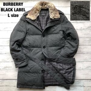 良品/Lサイズ/ホースロゴ◎バーバリーブラックレーベル ダウンコート グレー ベルト付 ウール混 ヘリンボーン ファー BURBERRY BLACKLABEL